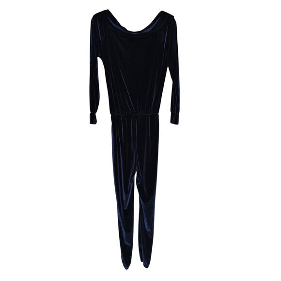 Vintage Blue Velvet Cowl Neck Jumpsuit Medium Bodysuit Stretch Comfort Lounge - Picture 2 of 4